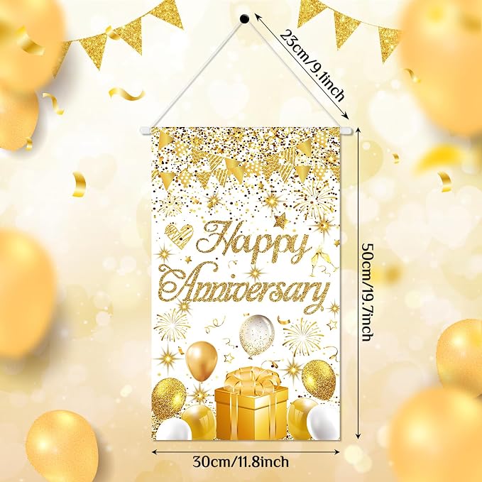 Anniversary Party Decorations White Gold Happy Anniversary Door Banner Sign - Image 3