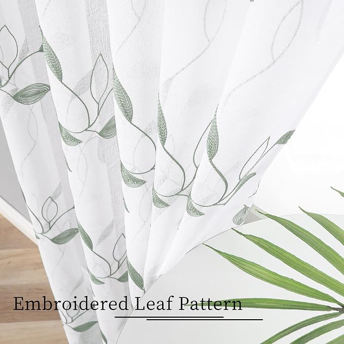 Tollpiz Sage Green Leaf Sheer Tier Curtains Leaves Embroidered Kitchen Short - Image 3
