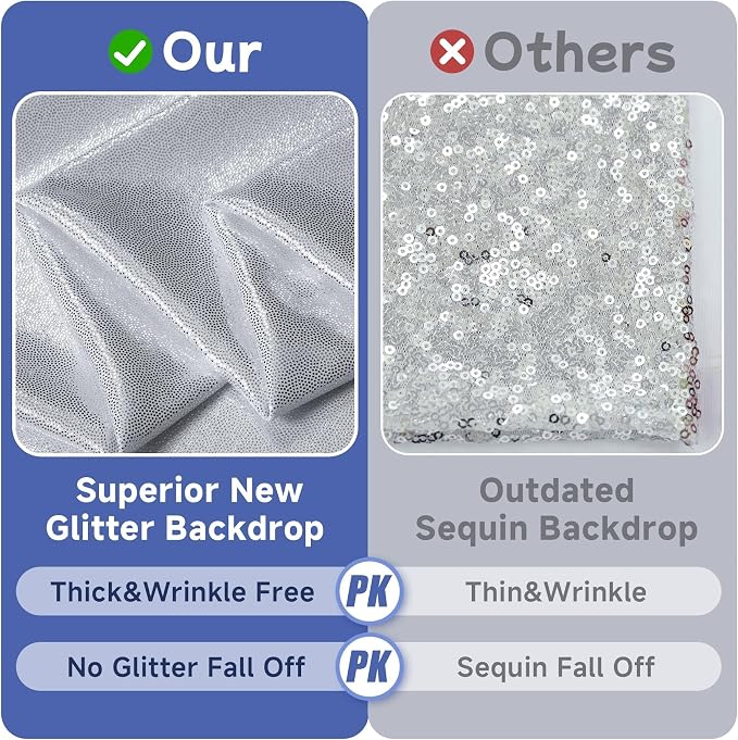 leegleri 40x10ft Thick Silver Glitter Backdrop Curtain Panels - Image 2