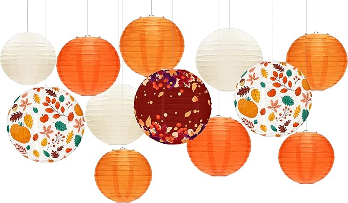 12PCS Fall Paper Lanterns Orange Maple Leaves Thanksgiving Decor | Orange - Image 2