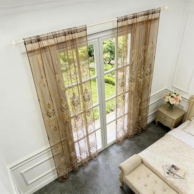 1pc Luxury Brown Embroidered Floral Sheer Tulle Curtain - Image 9