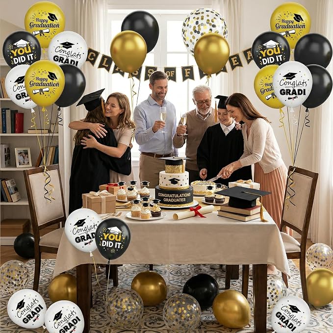 Black Gold Graduation Balloons, 12 Inch Metallic Gold and Black Graduation - Image 7