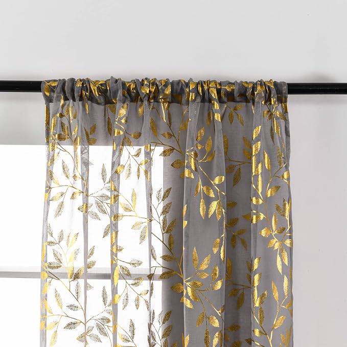 Sutuo Home Sheer Curtains 63 Inch Length 2 Panels, Luxury Gold Foil Print - Image 7