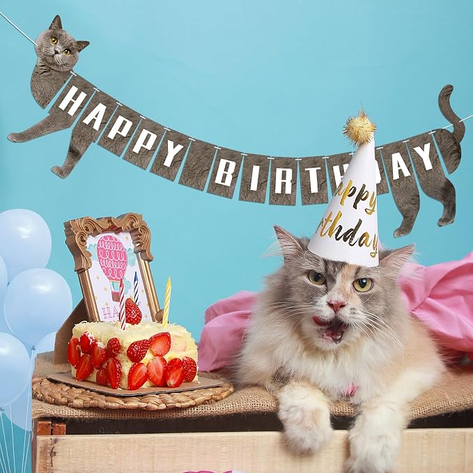 Cat Happy Birthday Banner Grey Cats Theme Party Decorations Cat Banner Bunting - Image 4