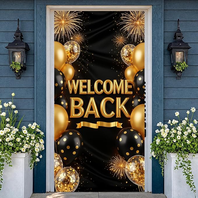Welcome Back Door Cover Banner Decorations Black Gold Welcome Home Backdrop - Image 3