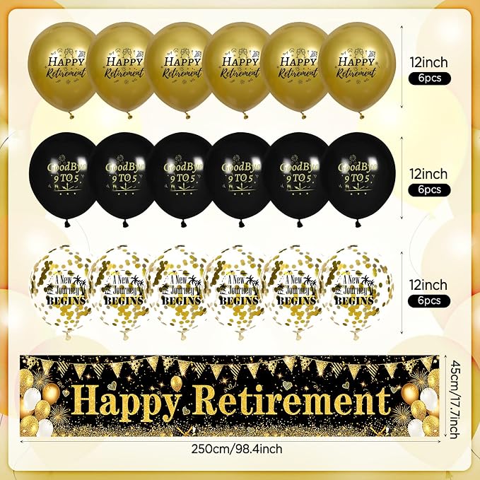 Retirement Party Decorations Black Gold Happy Retirement Banner and 18pcs - Image 6