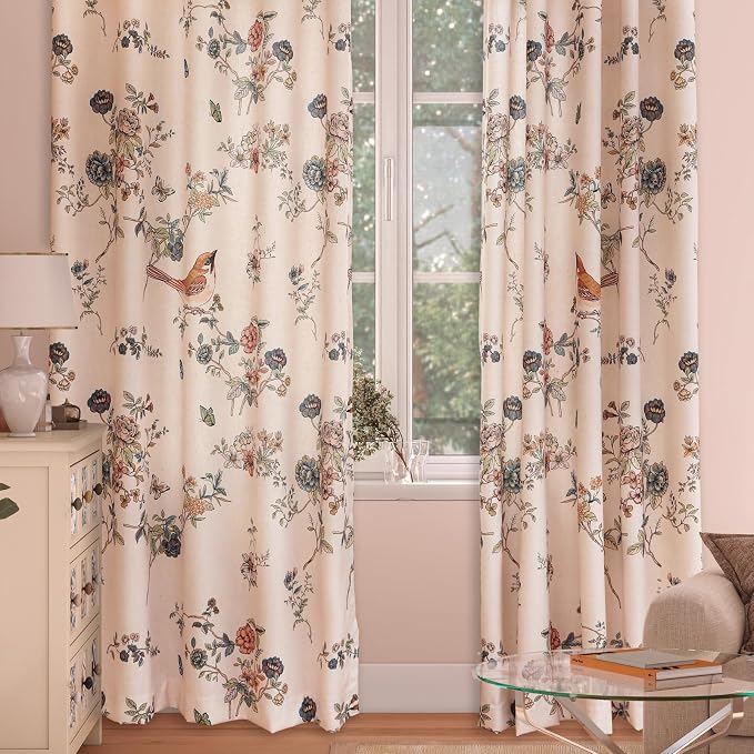 Designer French Linen Printed Curtains, 2 Panels, Bird and Flowers Pattern Draps - Image 9