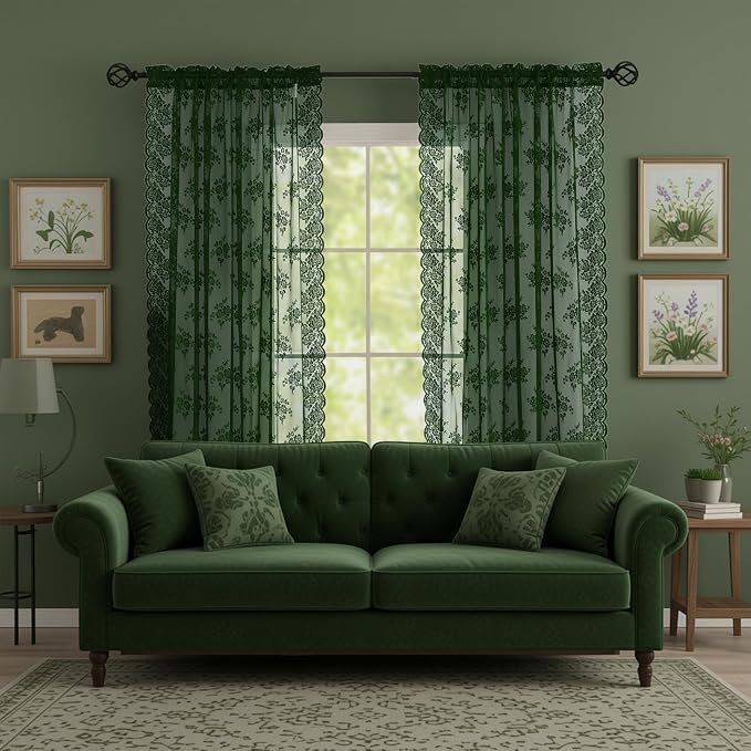Kotile Emerald Green Sheer Curtains Rustic Floral 52 x 72 Inch, 2 Panels | Rod - Image 4