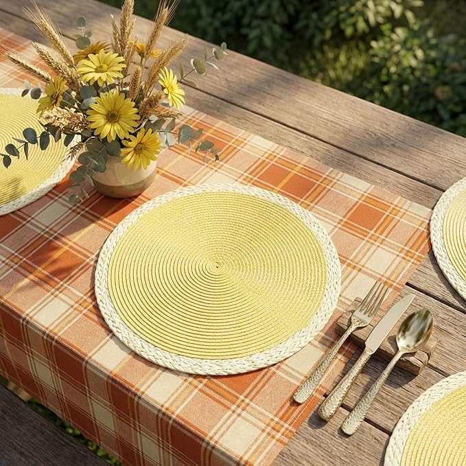 Round Placemats Set of 8, Woven Table Mats, Mint Yellow | Braided Paper Edge - Image 5