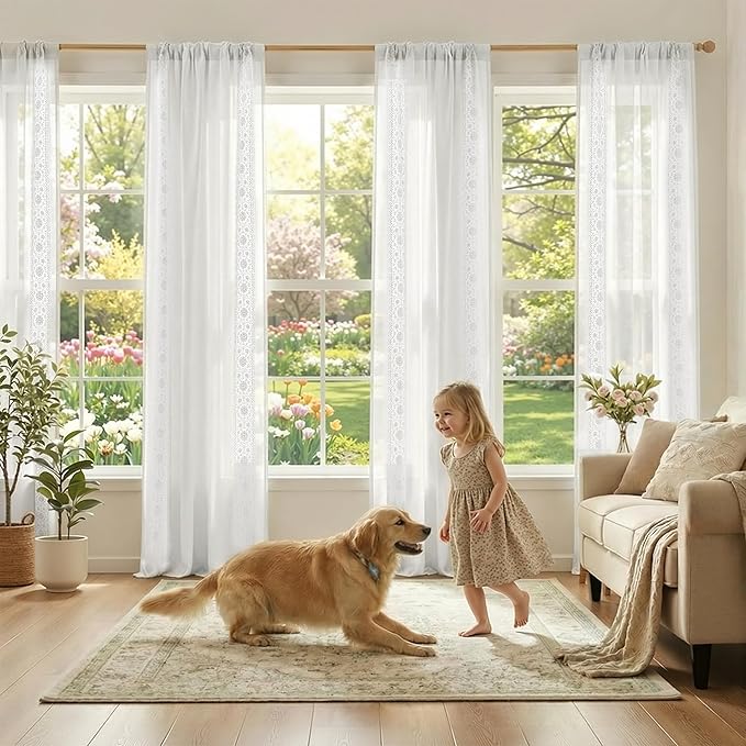 jinchan Floral Sheer Linen Curtains, Back Tab 50x84 Inch, 2 Panels White | Semi - Image 4