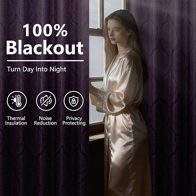 DWCN 100% Blackout Curtains 84 Inch Long-Damask Patterned Ombre Thermal - Image 7