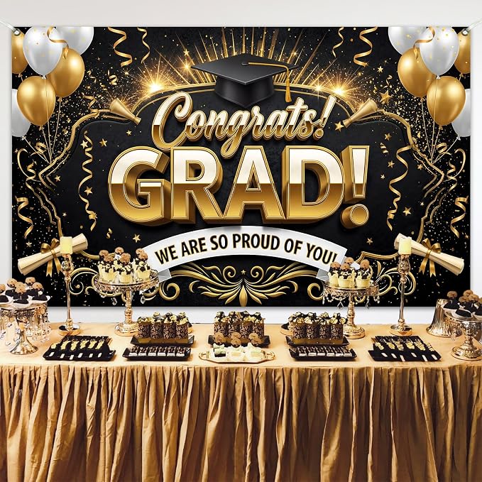 Black Gold Graduation Banner Backdrop 2026 5.9x3.6ft Congrats Grad Banner - Image 5