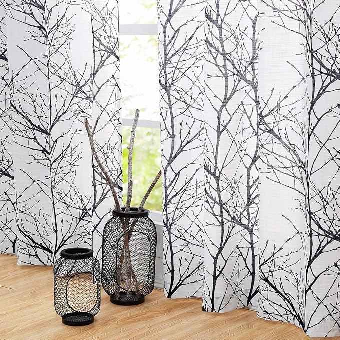 FMFUNCTEX Linen Black White Semi Sheer Print Curtains 45 Inch Long 2 Panels | - Image 3