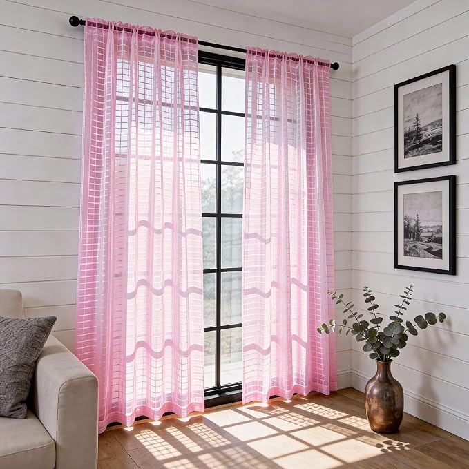 SpaceDresser Check Sheer Curtains 90 Inches 2 Panels Set, Rod Pocket Plaid - Image 4