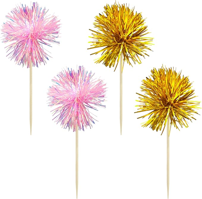 Gyufise 30Pcs Foil Firework Cupcake Toppers Sparkle Tinsel Cake Toppers Tinsel - Image 3