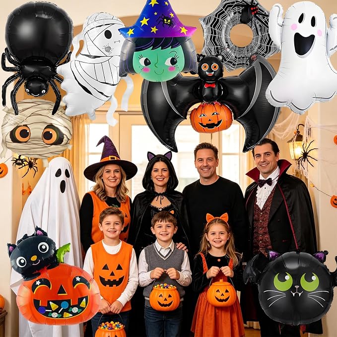 9Pcs Halloween Balloons Decoration Set, Foil Ghost, Spider Web, Pumpkin & Bat - Image 6