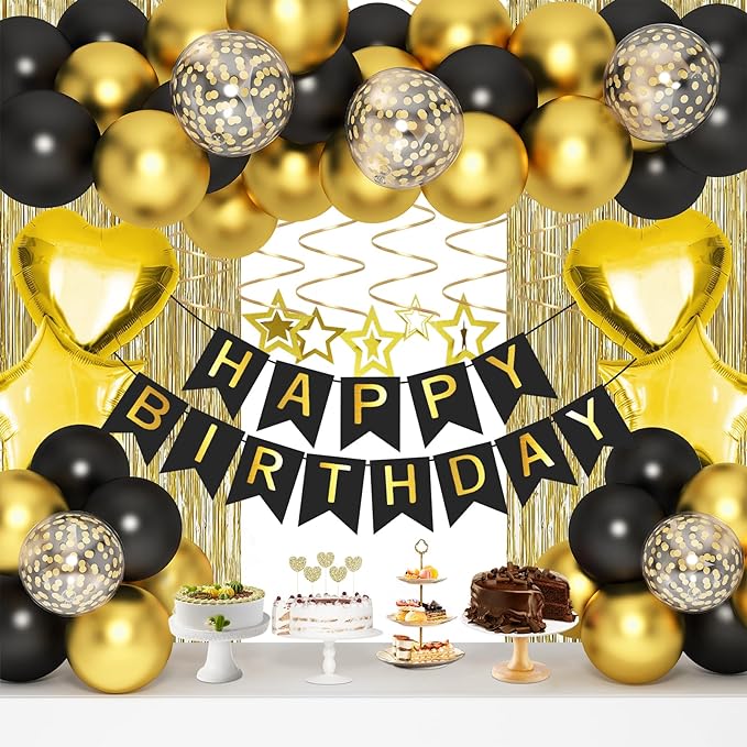 Black Gold Birthday Decorations, Hanging Swirls, Cake Toppers by HGH