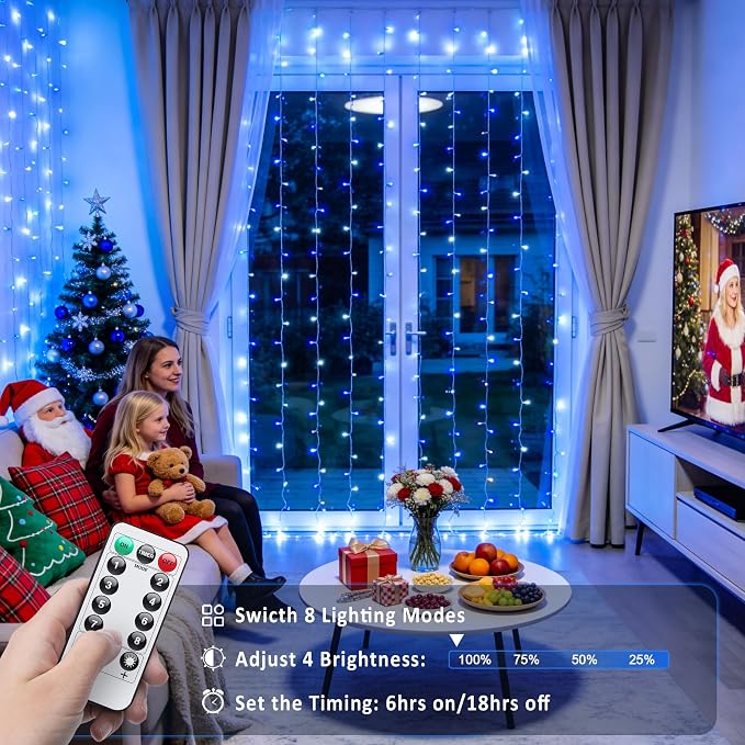 JMEXSUSS 200 LED USB Curtain Lights Blue and White | Remote Curtain Christmas - Image 2