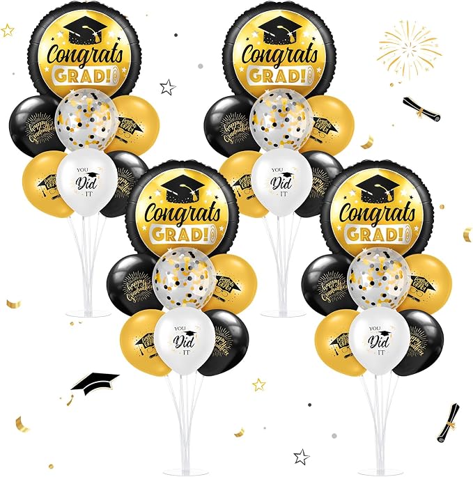 Kasyat 4 Set Glod and Black 2026 Graduation Table Centerpiece Balloon Stand Kit by Kasyat