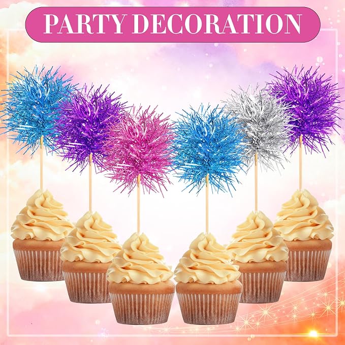 Chinco 100 Pcs Foil Firework Cupcake Toppers Sparkle Tinsel Cake Toppers Cake - Image 3