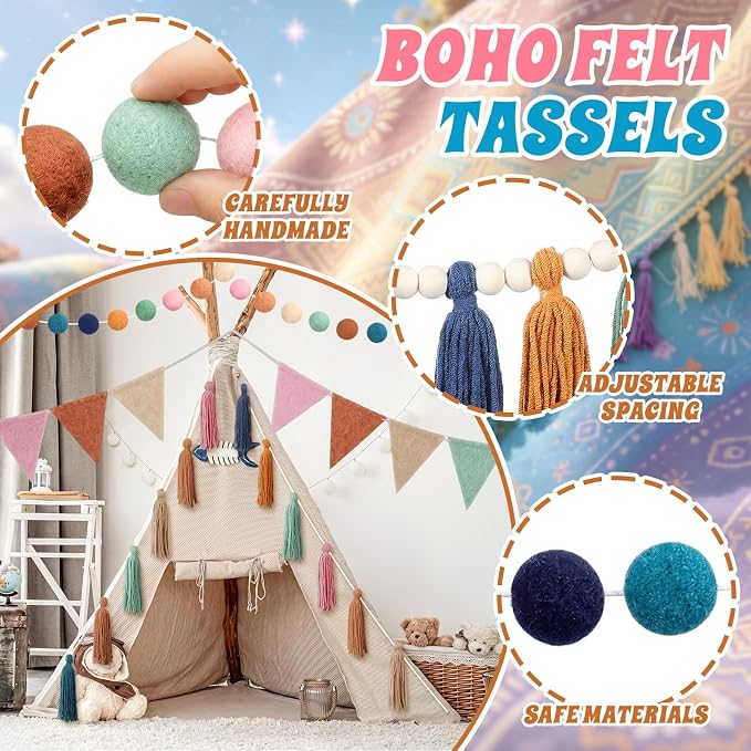 4 Pcs Boho Tassel Garland, 33 Inch Rainbow Pompom Party Decor, Classic | Boho - Image 7