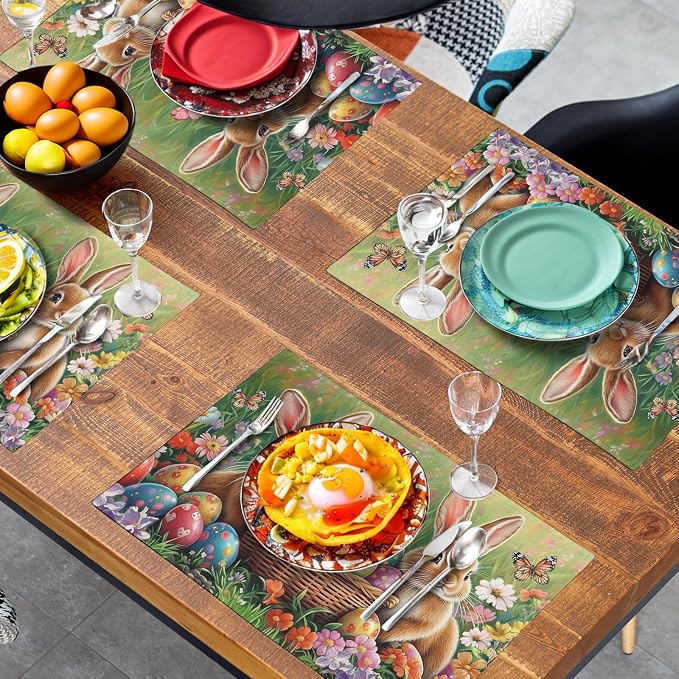Easter Bunny Placemats Set of 4 Easter Colorful Eggs Floral Linen Fabric Table - Image 7