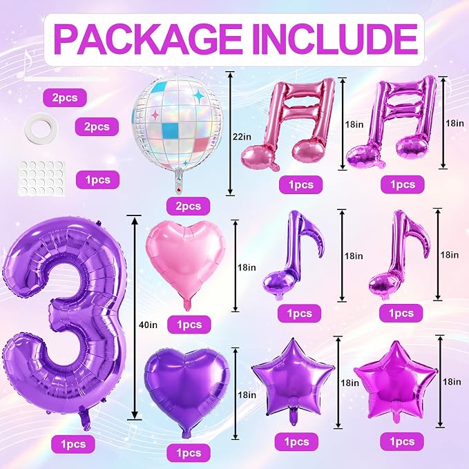 TONIFUL Girl‘s Purple Pink Music Themed 3rd Birthday Decorations | 40 Inch - Image 2