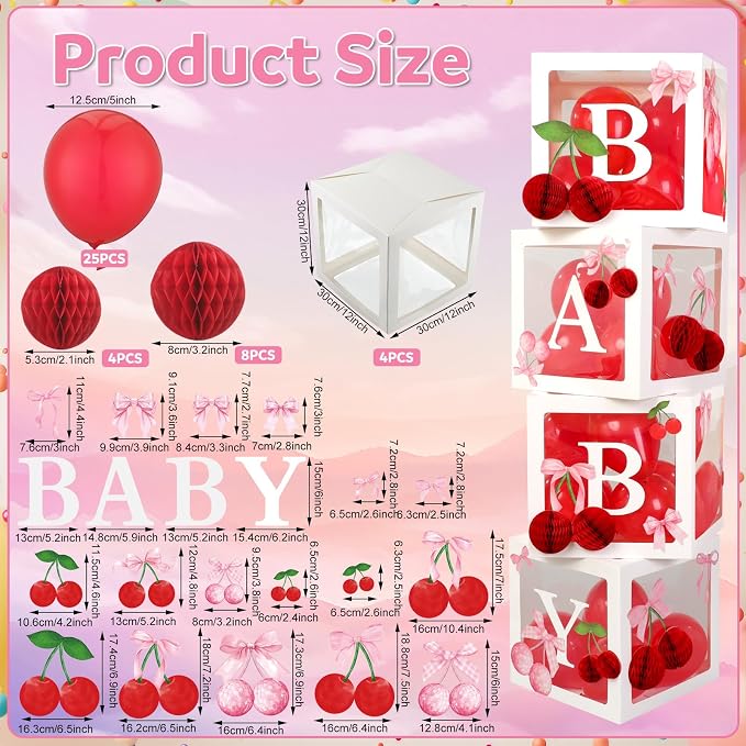 Civaner 63 Pcs Cherry Baby Shower Decorations Baby Balloon Boxes Birthday Party - Image 2