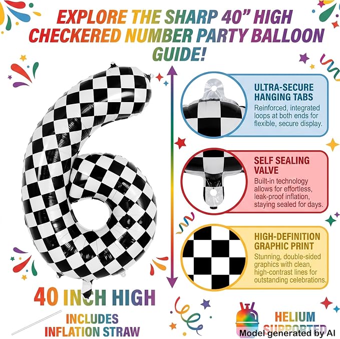40" Checkered Number 6 Balloon for 6th Race Theme Birthday Party Supplies | 40 - Image 2