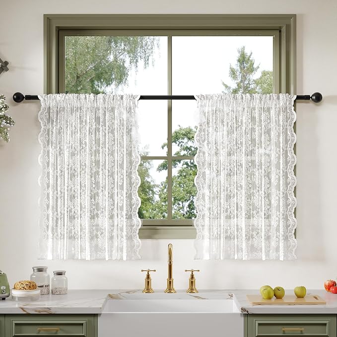 Anmao Vintage Lace Valance Kitchen Curtains 36 Inches Long 2 Panels, Semi Sheer by Anmao