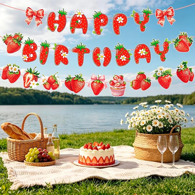 MEETINGU Strawberry Bow Happy Birthday Banner Birthday Party Decorations - Image 5