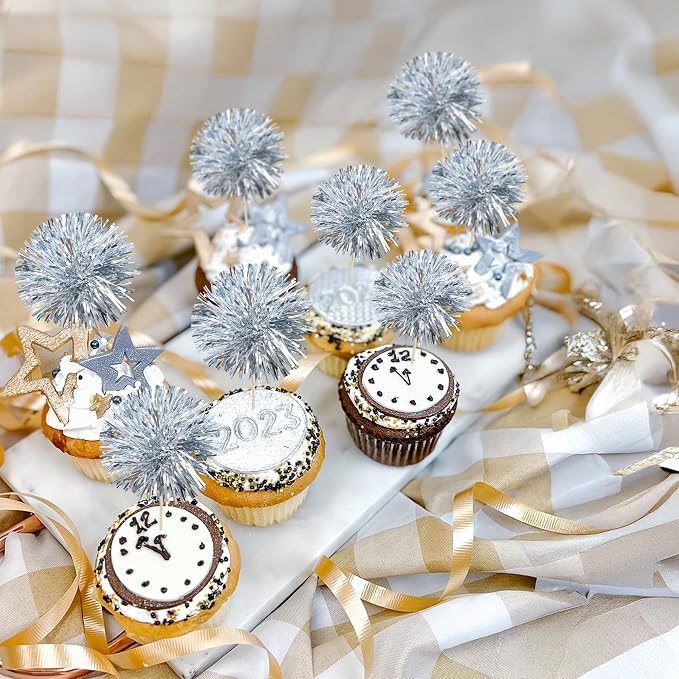 Gyufise 30Pcs Foil Firework Cupcake Toppers Sparkle Tinsel Cake Toppers Tinsel - Image 7