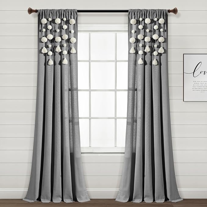 Lush Decor Boho Pom Pom Tassel Linen Textured Window Curtain Panel, Single 52" by LushDecor