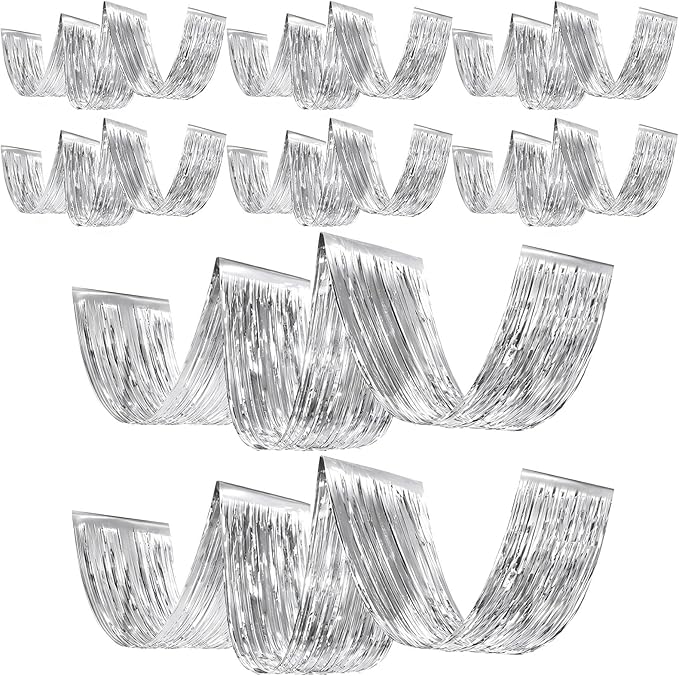 8 Pcs 15ft Silver Metallic Foil Ceiling Fringe Curtains, Party Decor Fringe by Breling