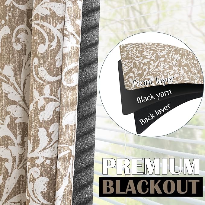 Taupe Floral 100% Blackout Curtains 96 Inch Vintage Grommet 2 Panels | Room - Image 3