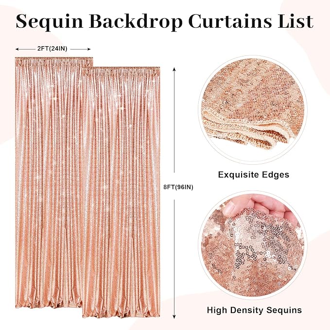PartyDelight Rose Gold Sequin Backdrop Curtains 2x8ft 2 Panels | Sparkly 3mm - Image 2
