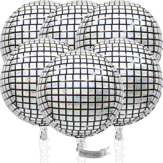 PartyWoo Silver Disco Ball Large Giant 4D Jumbo Foil Balloons 6pcs 32 Inch | 32 by PartyWoo