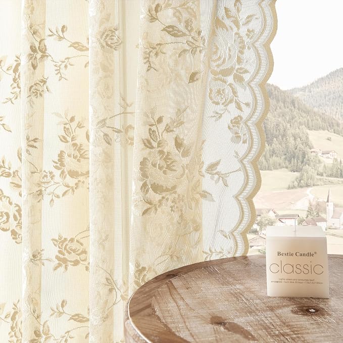 Beige Lace Curtains 72 Inch Length Victorian Floral Sheer Curtains by SEEKRIGHTHomeDecor