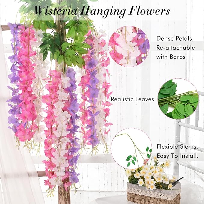 40 Pack Pink Purple White Wisteria Hanging Flowers, Fake Hanging Flowers - Image 6