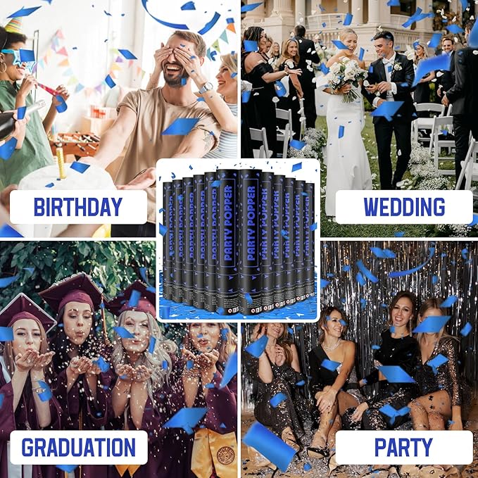 Party Poppers Confetti Cannon 12 Pack Royal Blue Poppers 12 Inch Party Shooters Mylar Confetti Blue Foil Confetti Cannons Bulk for Wedding Birthday Graduation Baby Gender Reveal Christmas New Years