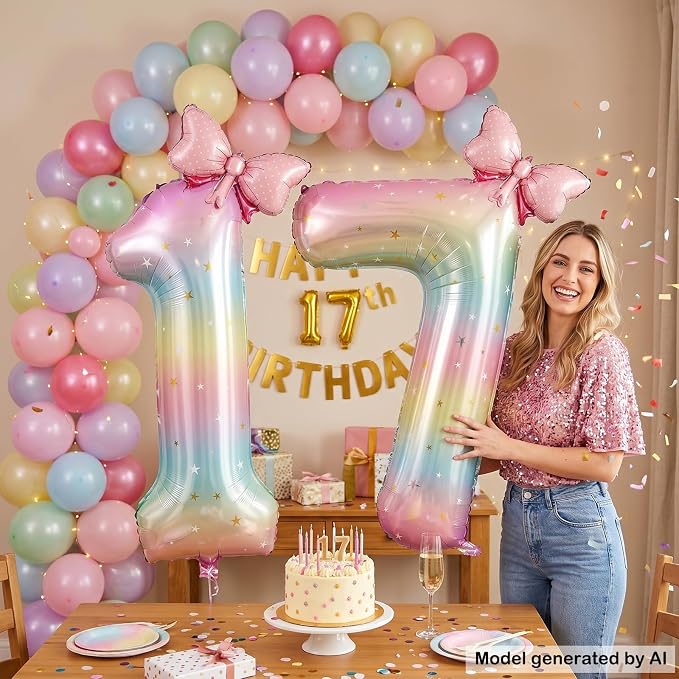 40" Giant Pastel Rainbow Number 17 Balloon Foil Pink Bow Decor Kit | - Image 5