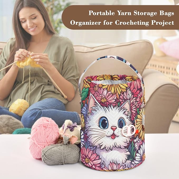 Cute Chrysanthemum Cats Butterflies Yarn Bag Small Crochet Bag Drawstring Yarn - Image 4