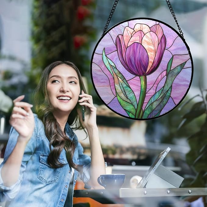 DASTOLL Stained Glass Window Hanging Purple Tulips Flower Large 15" - Image 5