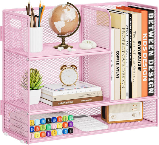 Marbrasse 3-Tier Desk Shelf Organizer with Handle, Desktop Bookshelf File Holder, Mesh Display Shelf Organizer Storage Rack for Office, Home, Supplies, Kitchen (Pink)