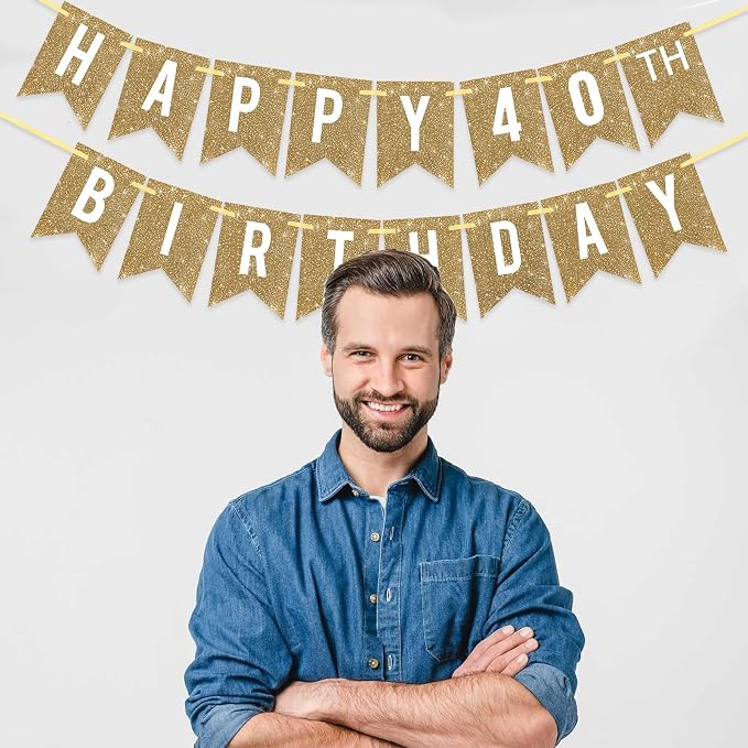 Netnology Pre-Strung Gold Glitter 40th Happy Birthday Banner Decorations | 12 - Image 5