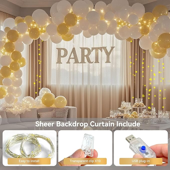 10×8ft Tulle Backdrop Curtains with Lights String - 300LED Fairy Lights Sheer Curtain Backdrop for Weddings Baby Shower and Birthday Party Decorations(8 Panels 5×8ft)