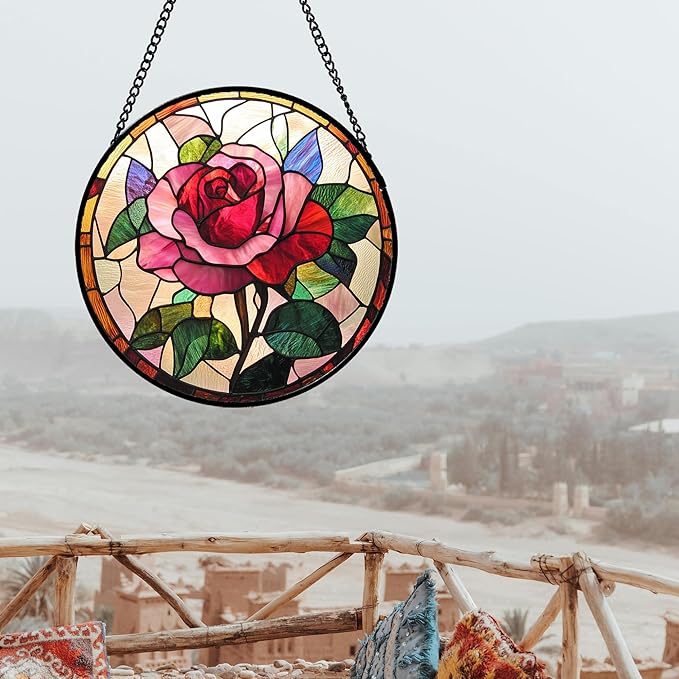 Stained Glass Window Hanging - Pink Rose Suncatcher for Door Garden Home Decor Birth Flower Sun Catcher Christmas Birthday for Friend Lovers Women Mom Nana 6.3 in