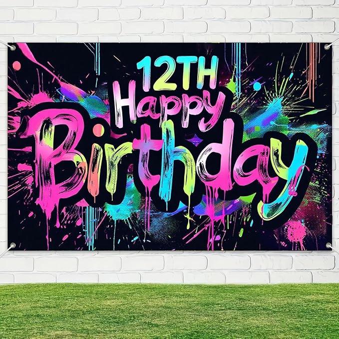 HOMETITUTE Neon 12th Happy Birthday Banner 71x43 Inch Glow Party Supplies | - Image 4