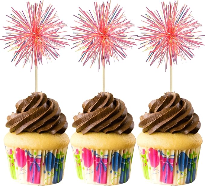 Gyufise 30Pcs Foil Firework Cupcake Toppers Sparkle Tinsel Cake Toppers Tinsel by Gyufise