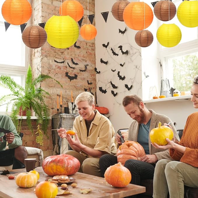 21Pcs Fall Paper Lanterns, 4-10in Yellow Orange Brown, Thanksgiving Decor | - Image 4